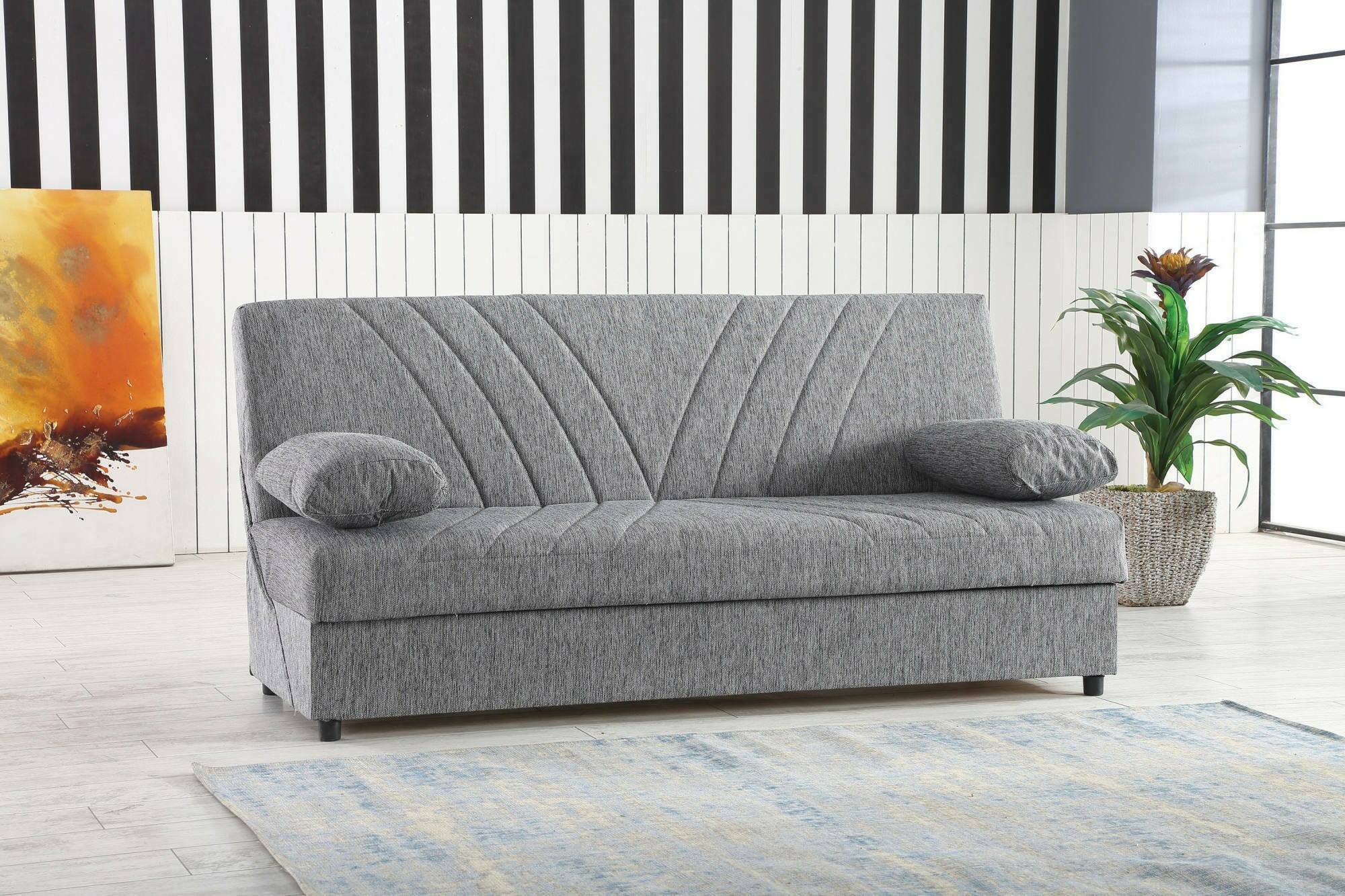 Divano letto Ramon, Divano letto contenitore a 3 posti con 2 cuscini inclusi, Sofà da soggiorno in tessuto imbottito con apertura click-clack, Cm 181x81h88, Grigio