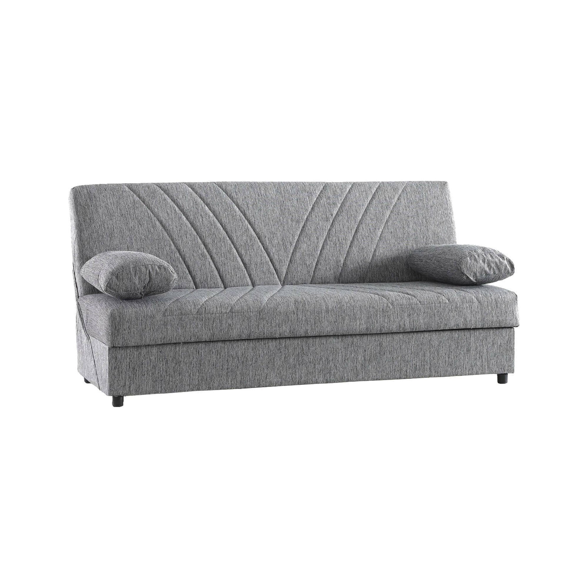 Divano letto Ramon, Divano letto contenitore a 3 posti con 2 cuscini inclusi, Sofà da soggiorno in tessuto imbottito con apertura click-clack, Cm 181x81h88, Grigio