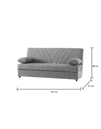 Divano letto Ramon, Divano letto contenitore a 3 posti con 2 cuscini inclusi, Sofà da soggiorno in tessuto imbottito con apertura click-clack, Cm 181x81h88, Grigio