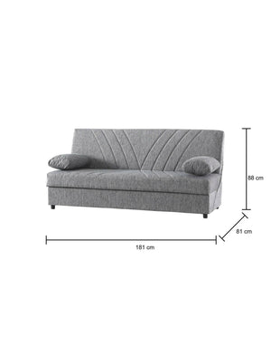 Divano letto Ramon, Divano letto contenitore a 3 posti con 2 cuscini inclusi, Sofà da soggiorno in tessuto imbottito con apertura click-clack, Cm 181x81h88, Grigio