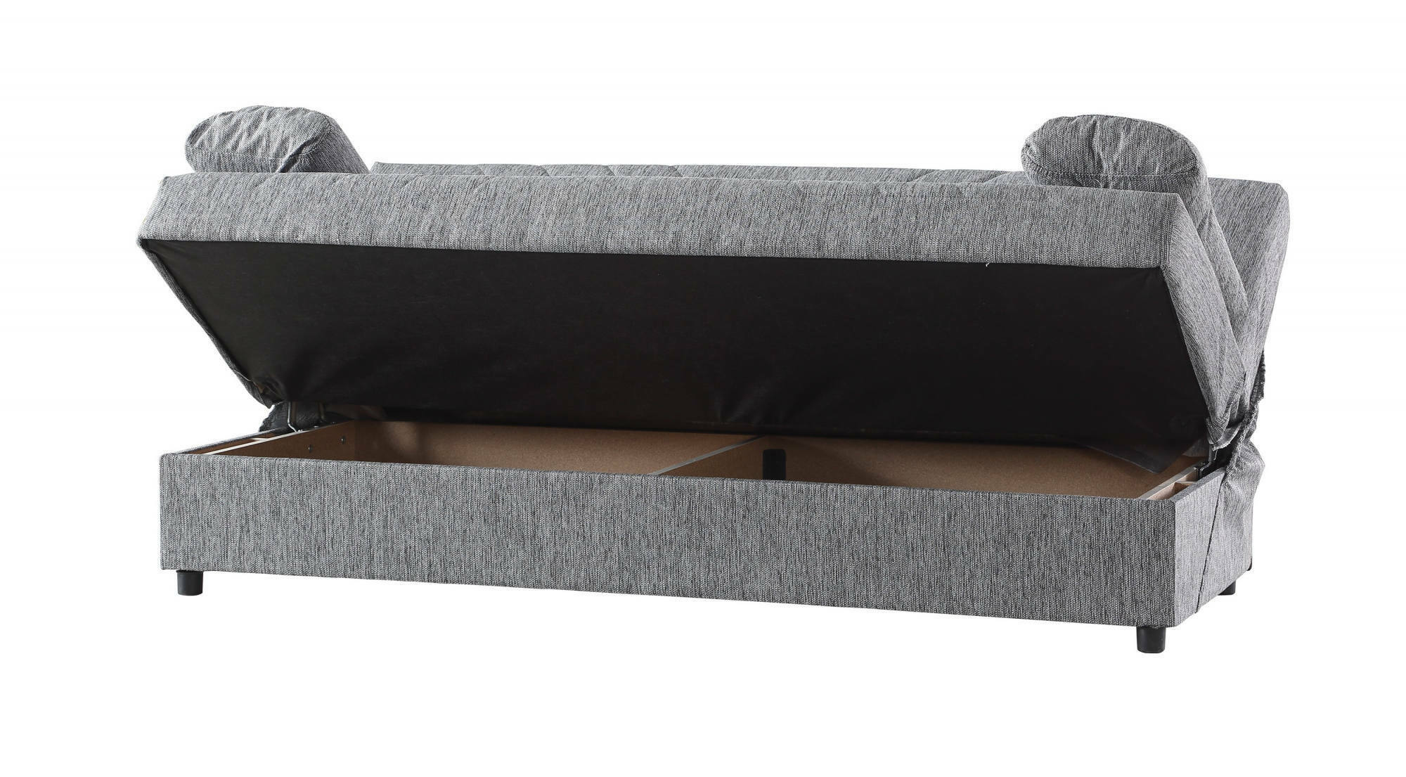 Divano letto Ramon, Divano letto contenitore a 3 posti con 2 cuscini inclusi, Sofà da soggiorno in tessuto imbottito con apertura click-clack, Cm 181x81h88, Grigio