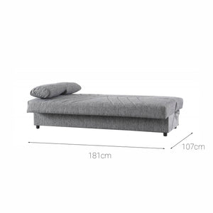 Divano letto Ramon, Divano letto contenitore a 3 posti con 2 cuscini inclusi, Sofà da soggiorno in tessuto imbottito con apertura click-clack, Cm 181x81h88, Grigio