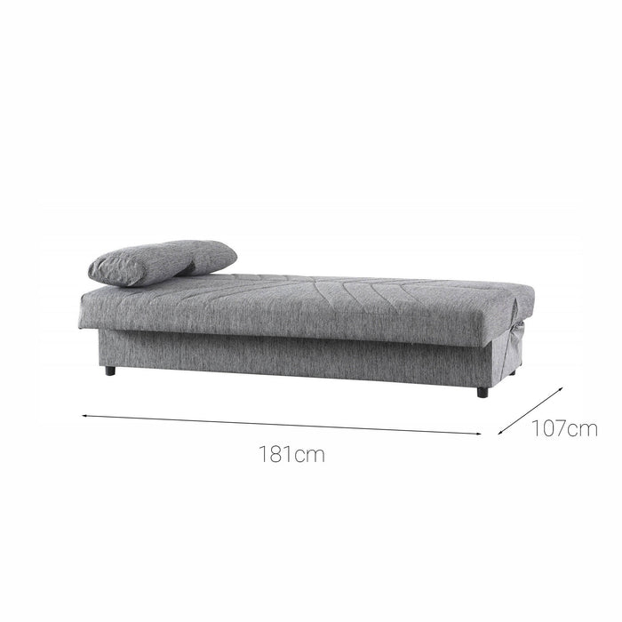 Divano letto Ramon, Divano letto contenitore a 3 posti con 2 cuscini inclusi, Sofà da soggiorno in tessuto imbottito con apertura click-clack, Cm 181x81h88, Grigio