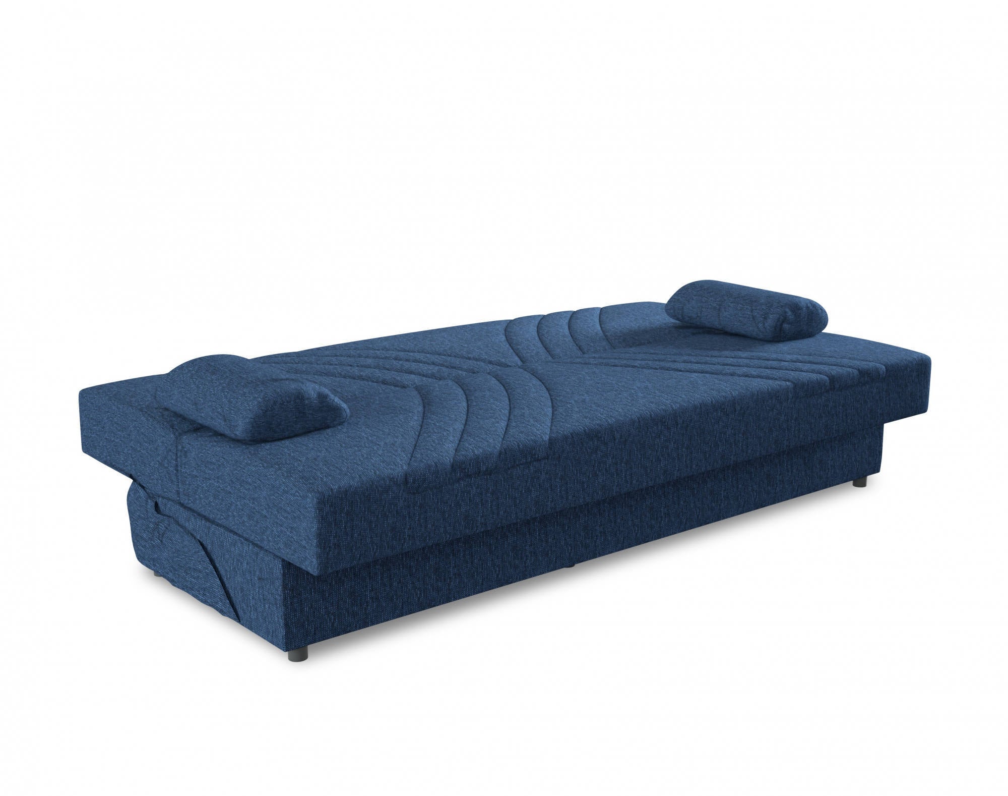 Divano letto Ramon, Divano letto contenitore a 3 posti con 2 cuscini inclusi, Sofà da soggiorno in tessuto imbottito con apertura click-clack, Cm 181x81h88, Blu