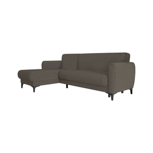 Divano letto Angel, Divano letto ad angolo con penisola reversibile, Sofà contenitore moderno con chaiselongue e 3 cuscini, Cm 230x153h85, Marrone