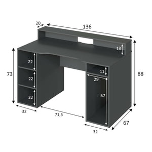 Scrivania Phoenix, Scrittoio moderno da Gaming, Tavolo da studio porta PC e porta CD, Tavolo da studio con ripiani, cm 136x67h88, Antracite