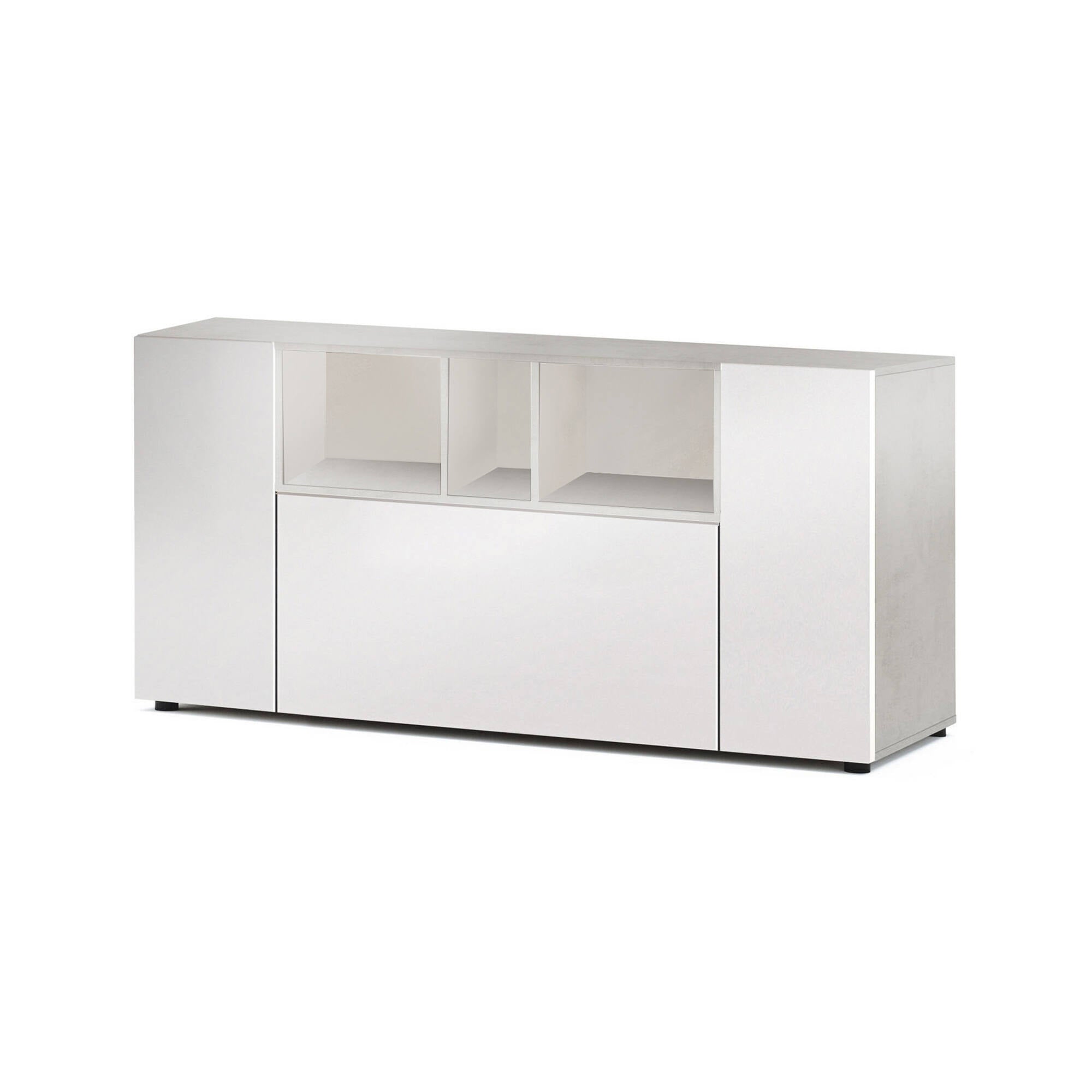 Credenza Paterson, Madia moderna a 3 ante, Buffet da soggiorno con scomparti, Madia da salotto, Mobile Porta TV, cm 150x41h76, Bianco e Cemento