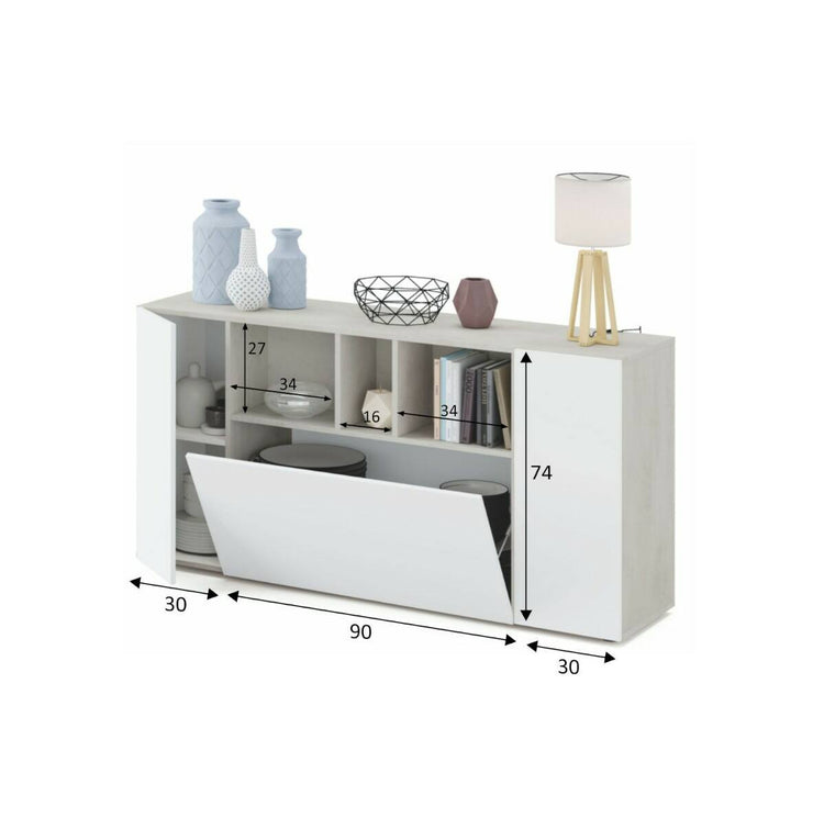 Credenza Paterson, Madia moderna a 3 ante, Buffet da soggiorno con scomparti, Madia da salotto, Mobile Porta TV, cm 150x41h76, Bianco e Cemento