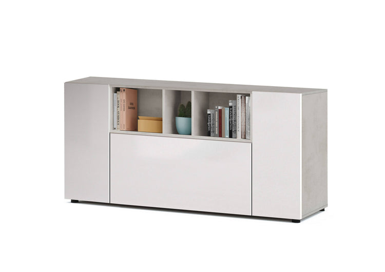 Credenza Paterson, Madia moderna a 3 ante, Buffet da soggiorno con scomparti, Madia da salotto, Mobile Porta TV, cm 150x41h76, Bianco e Cemento