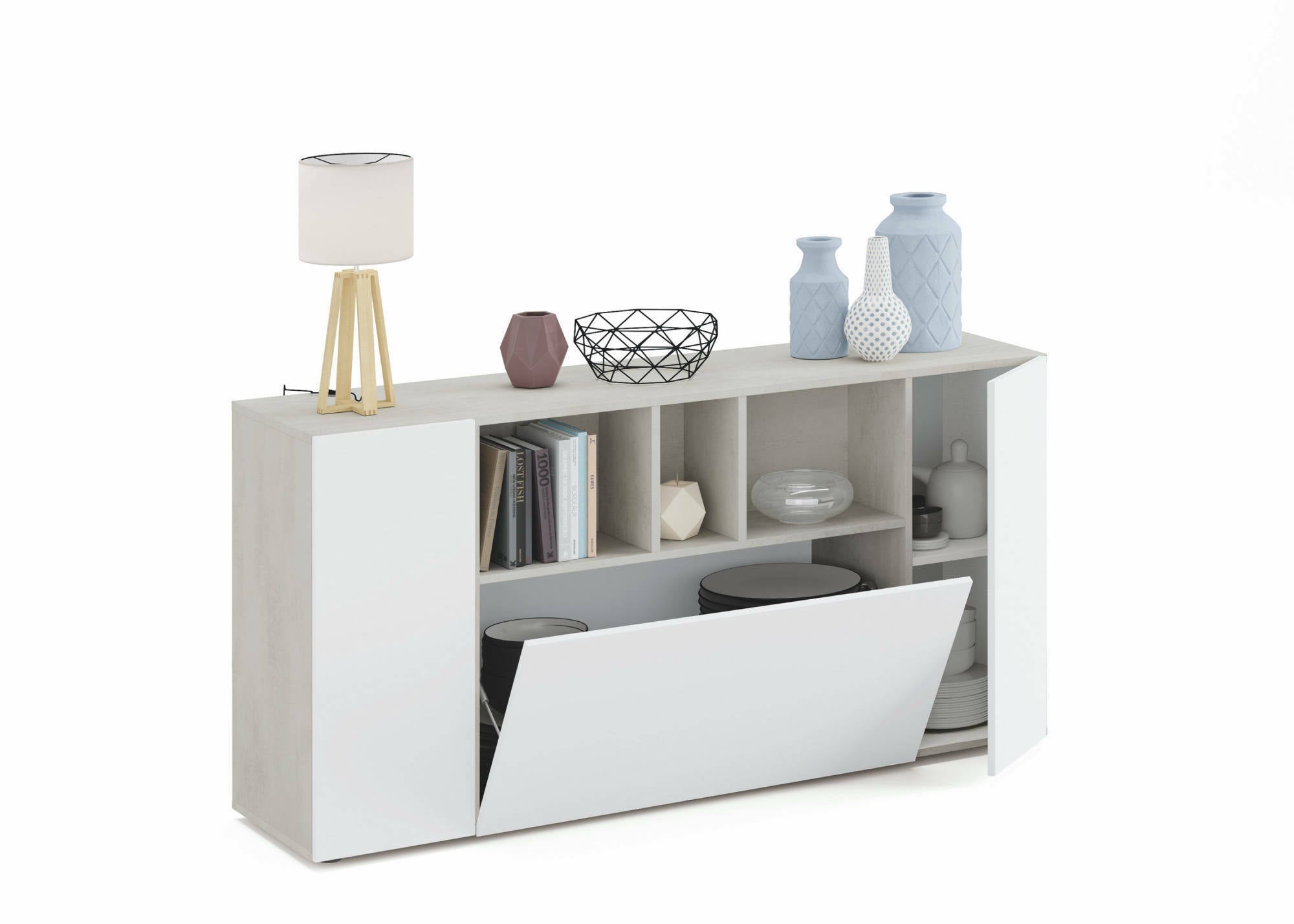 Credenza Paterson, Madia moderna a 3 ante, Buffet da soggiorno con scomparti, Madia da salotto, Mobile Porta TV, cm 150x41h76, Bianco e Cemento