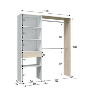 Guardaroba Miramar, Struttura per cabina armadio, Armadio aperto senza ante, Cabina armadio, cm 158x40h187, Bianco e Rovere