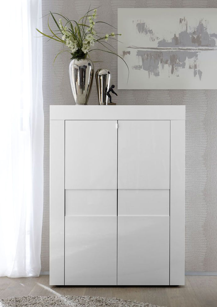 Credenza Blanes, Madia alta moderna a 2 ante da soggiorno, Mobile multiuso a ripiani, Made in Italy, Cm 92x42xh115, Bianco Lucido