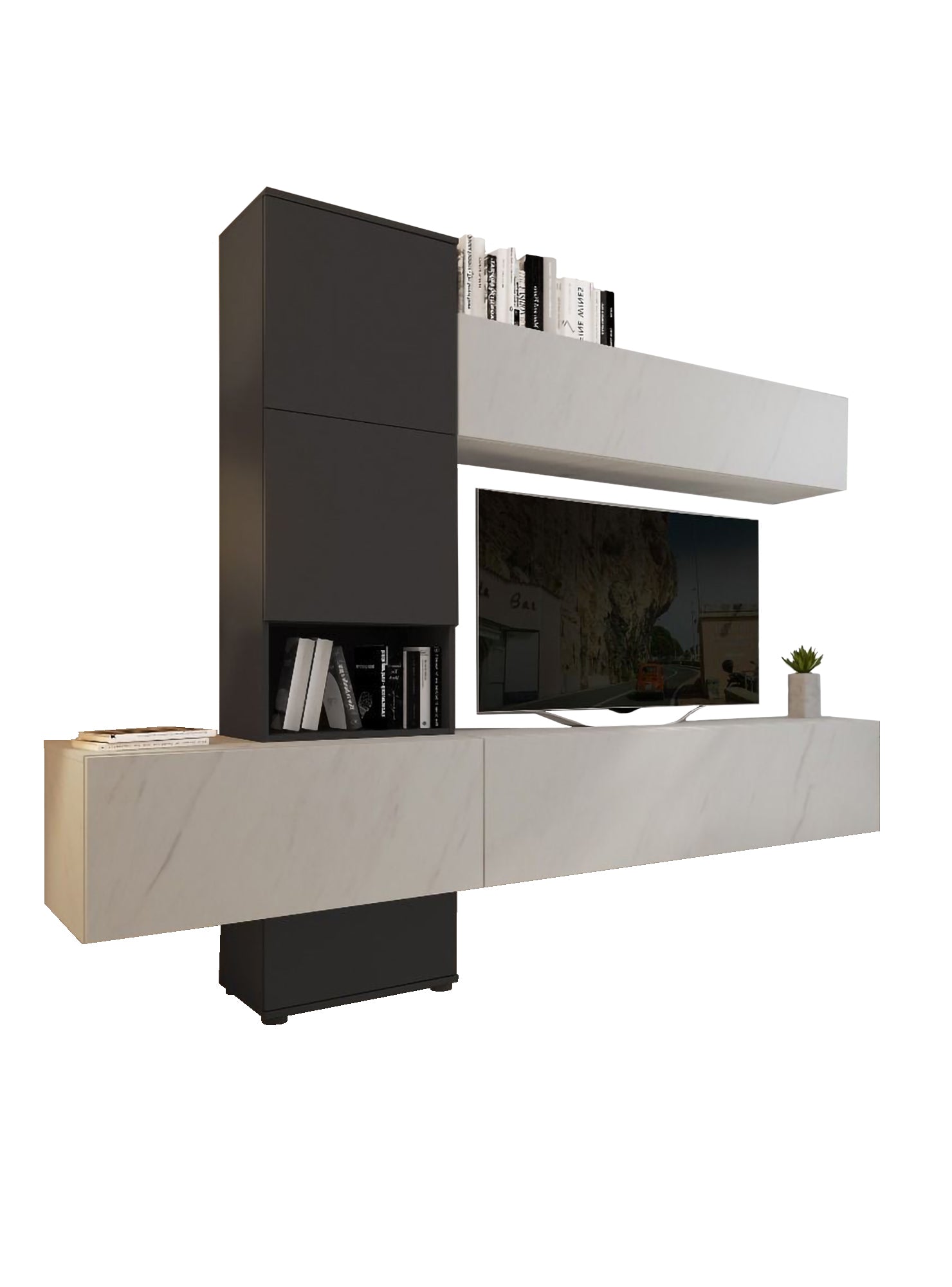 Parete attrezzata Carlet, Mobile porta TV moderno con Ante e ripiani, Set salotto completo con pensili effetto marmo, Cm 240x50xh196, Bianco e Antracite