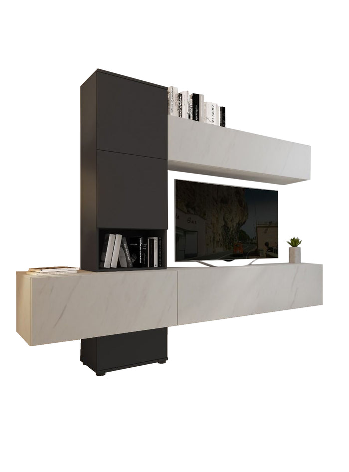 Parete attrezzata Carlet, Mobile porta TV moderno con Ante e ripiani, Set salotto completo con pensili effetto marmo, Cm 240x50xh196, Bianco e Antracite