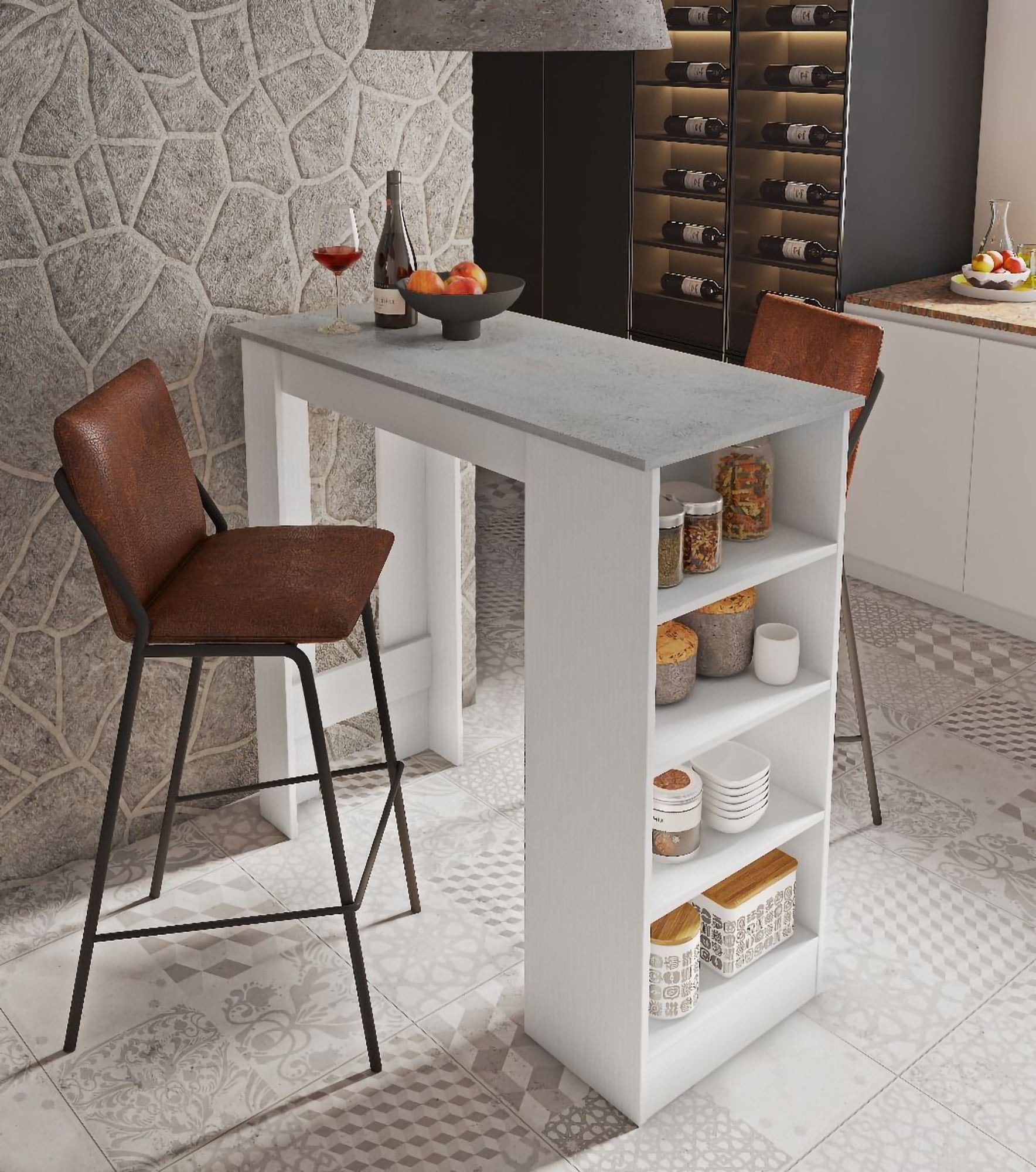 Tavolo fisso Burjasot, Tavolo penisola da cucina con ripiani, Tavolino ausiliare, da bar, Cm 112x50h106, Bianco e Cemento