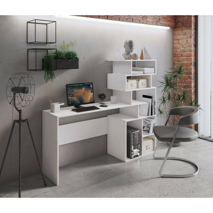 Scrivania Arrecife, Scrittoio moderno con libreria con vani a giorno, Tavolo da studio o ufficio porta PC portalibri, Cm 160x40h135, Bianco