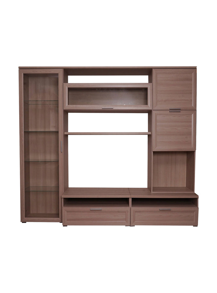 Parete attrezzata da soggiorno, Mobile porta TV con vetrina e pensili con scaffali, Salotto completo, cm 240x50h215, colore Rovere