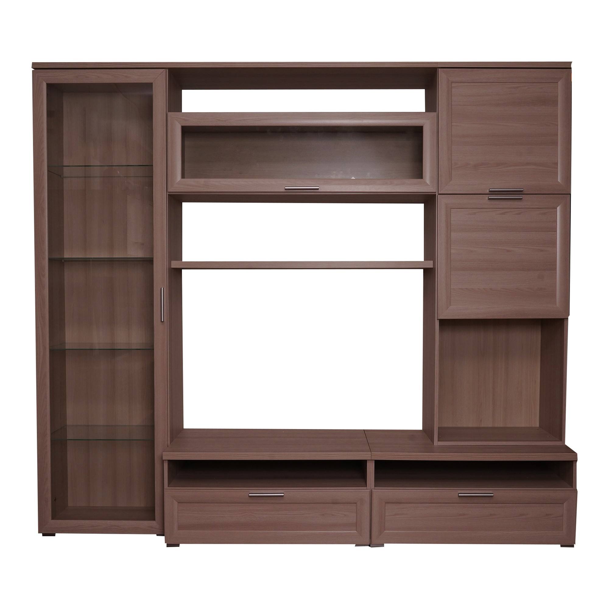 Parete attrezzata da soggiorno, Mobile porta TV con vetrina e pensili con scaffali, Salotto completo, cm 240x50h215, colore Rovere