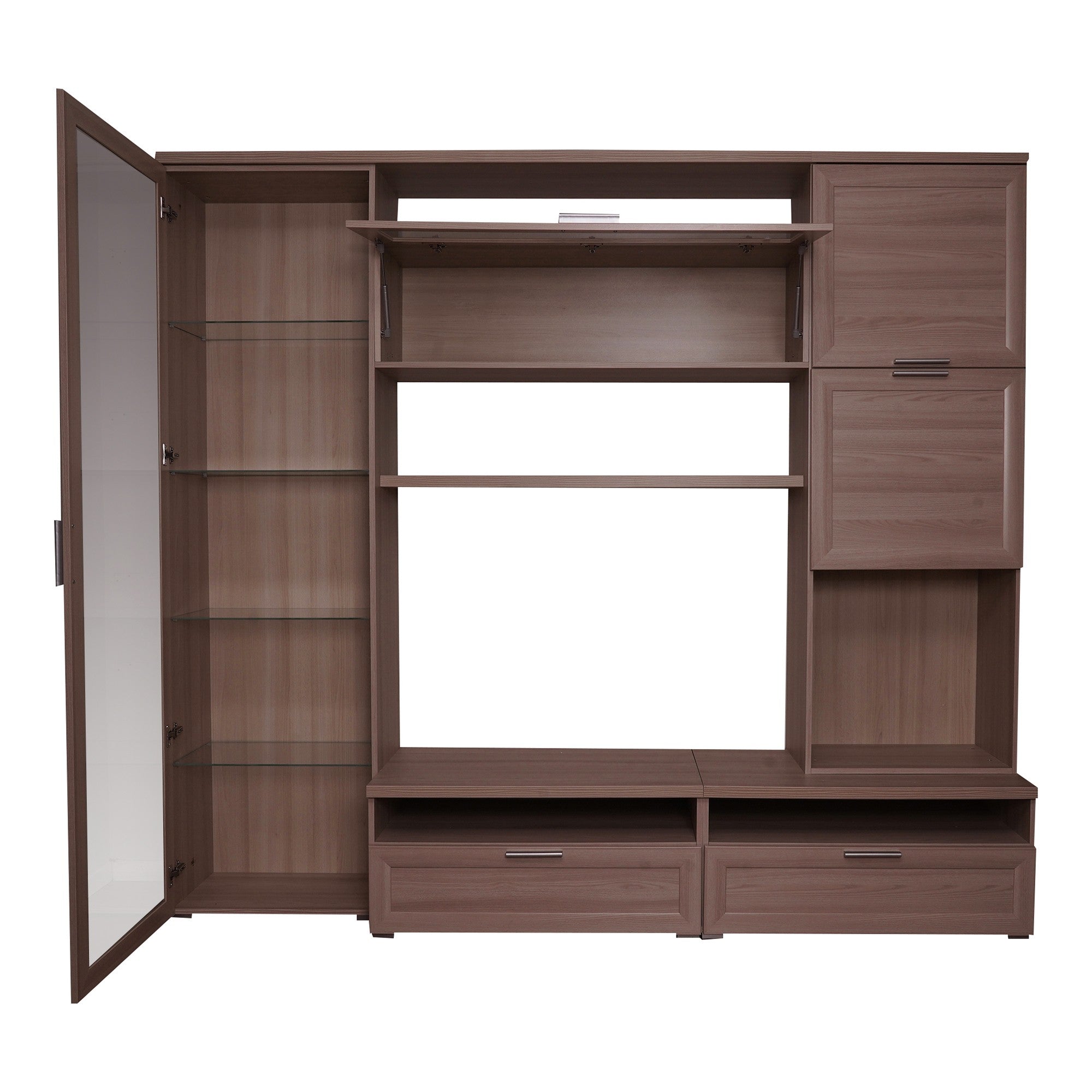 Parete attrezzata da soggiorno, Mobile porta TV con vetrina e pensili con scaffali, Salotto completo, cm 240x50h215, colore Rovere