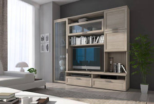 Parete attrezzata da soggiorno, Mobile porta TV con vetrina e pensili con scaffali, Salotto completo, cm 240x50h215, colore Rovere