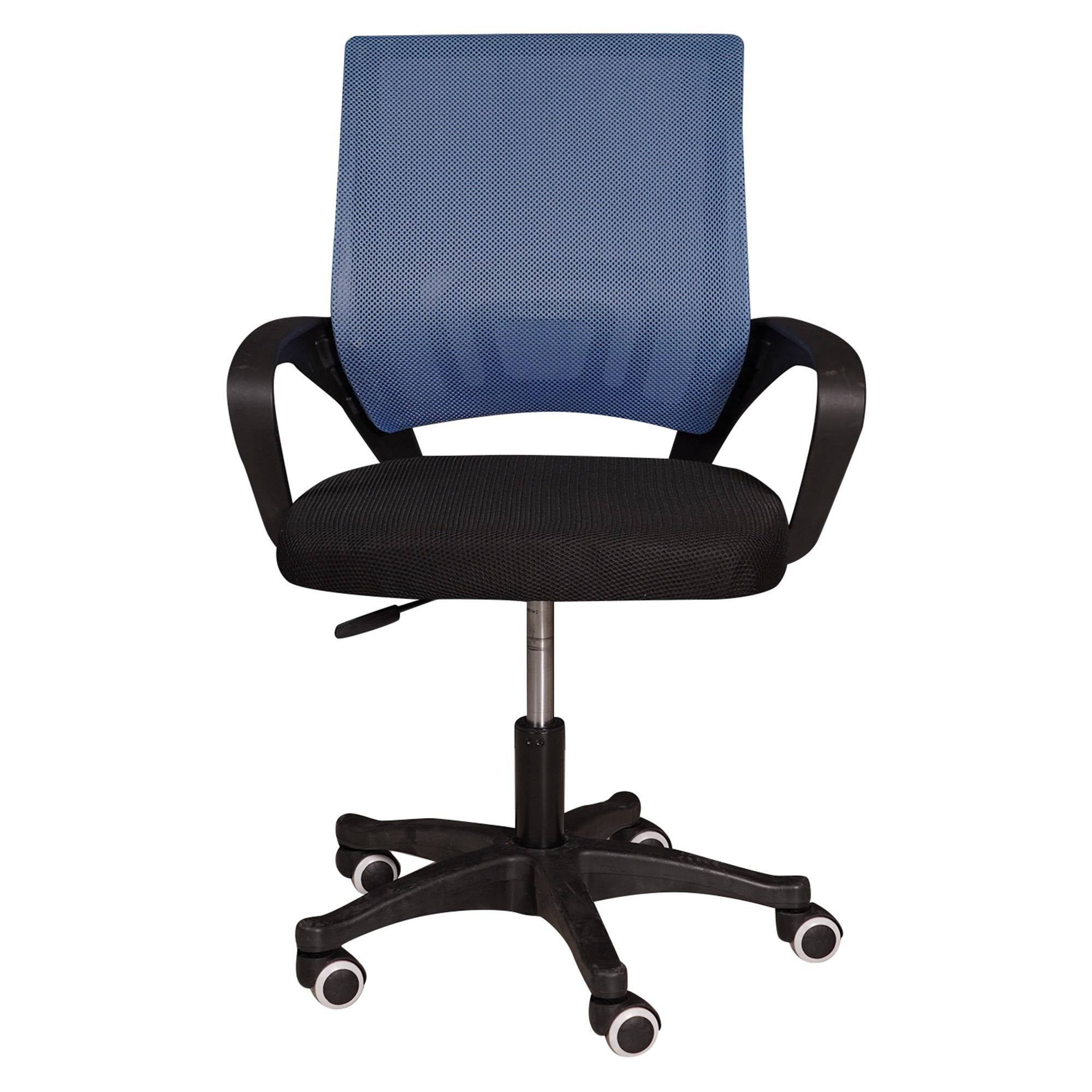 Sedia da ufficio su ruote, Poltrona elevabile con braccioli, Sedia in tessuto imbottito con schienale in rete, cm 62x50h84/93, colore Nero e Blu