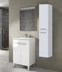 Colonna Bagno Alexandria, Mobile a colonna per bagno a 2 ante, Armadio pensile sospeso con 2 ripiani, cm 30x25h150, Bianco lucido