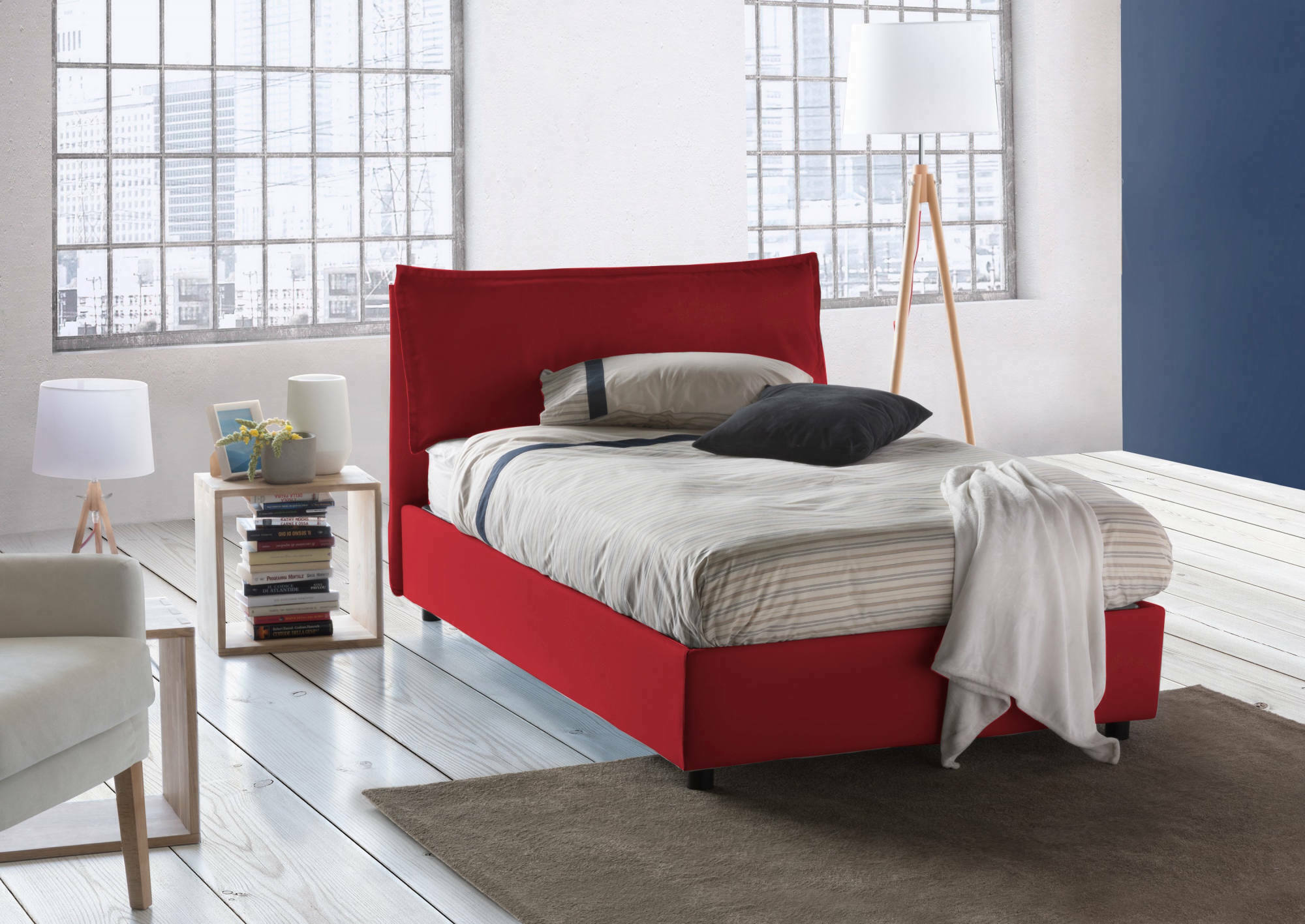 Letto piazza e mezza Gloria, Letto contenitore con rivestimento in tessuto, Made in Italy, Apertura frontale, adatto per materasso cm 120x190, Rosso