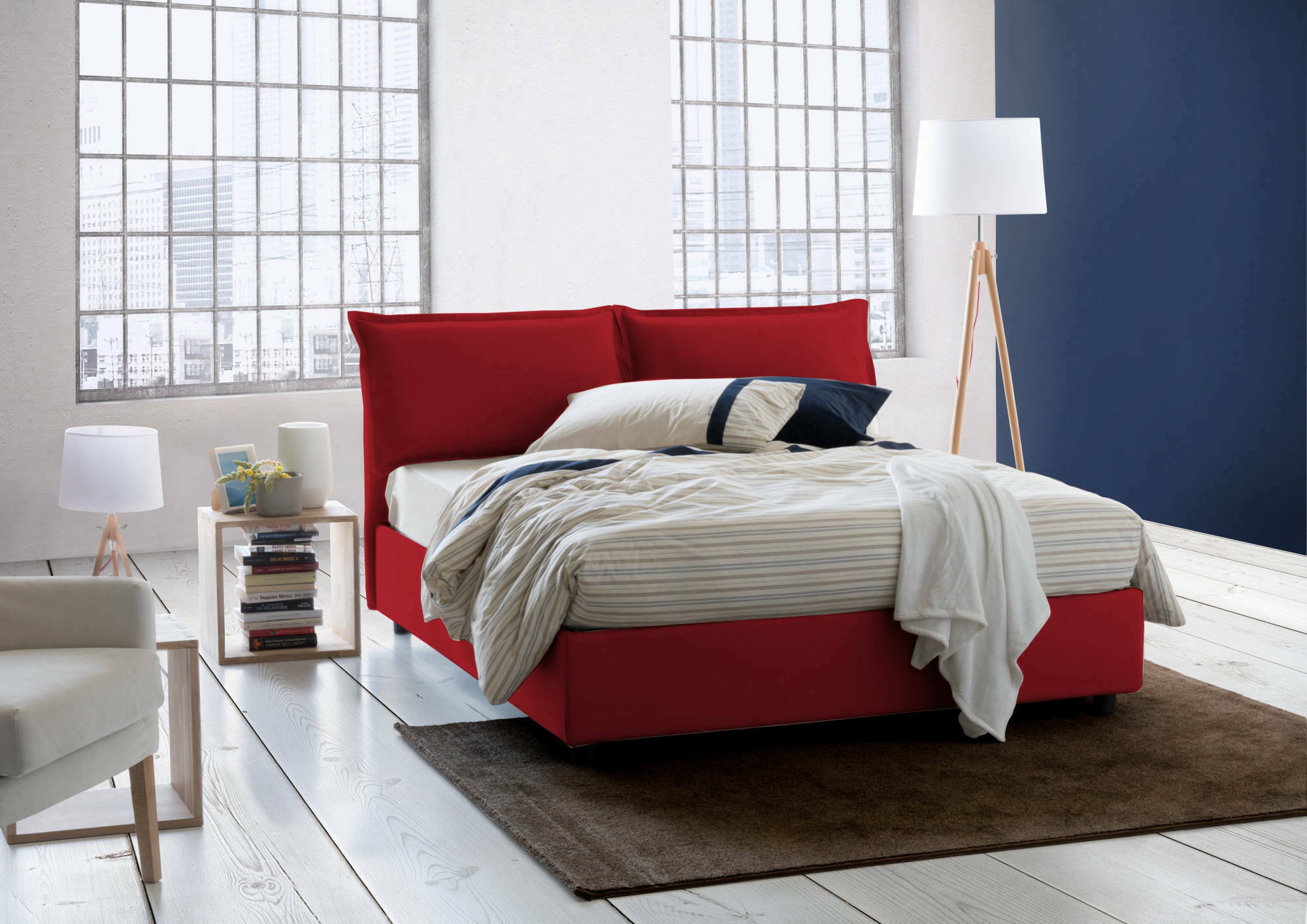 Letto matrimoniale Maddalena, Letto contenitore con rivestimento in tessuto, Made in Italy, Apertura frontale, adatto per materasso cm 140x200, Rosso