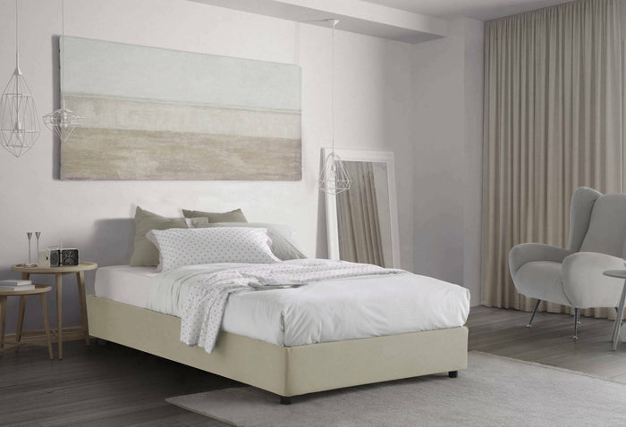 Letto piazza e mezza Rebecca, Letto contenitore con rivestimento in tessuto, Made in Italy, Apertura frontale, con materasso cm 120x200 incluso, Beige