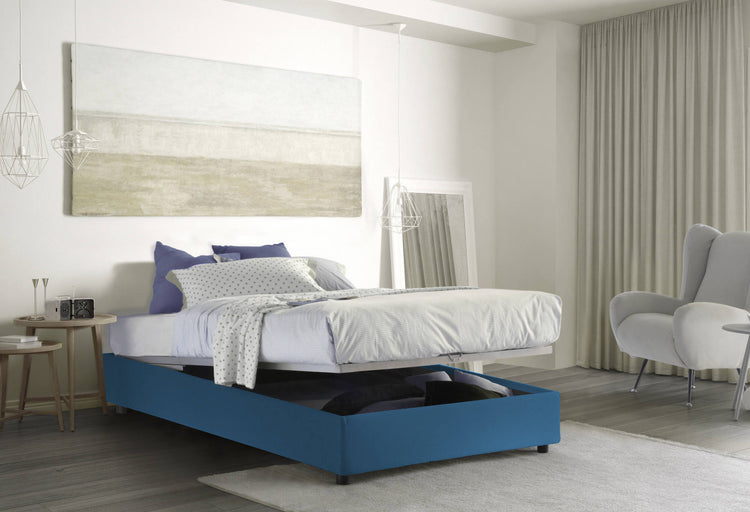 Letto matrimoniale Adele, Letto contenitore con rivestimento in tessuto, Made in Italy, Apertura frontale, con materasso cm 140x190 incluso, Blu