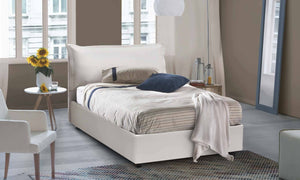 Letto piazza e mezza Olivia, Letto contenitore con rivestimento in ecopelle, Made in Italy, Apertura frontale, adatto per materasso cm 120x200, Bianco