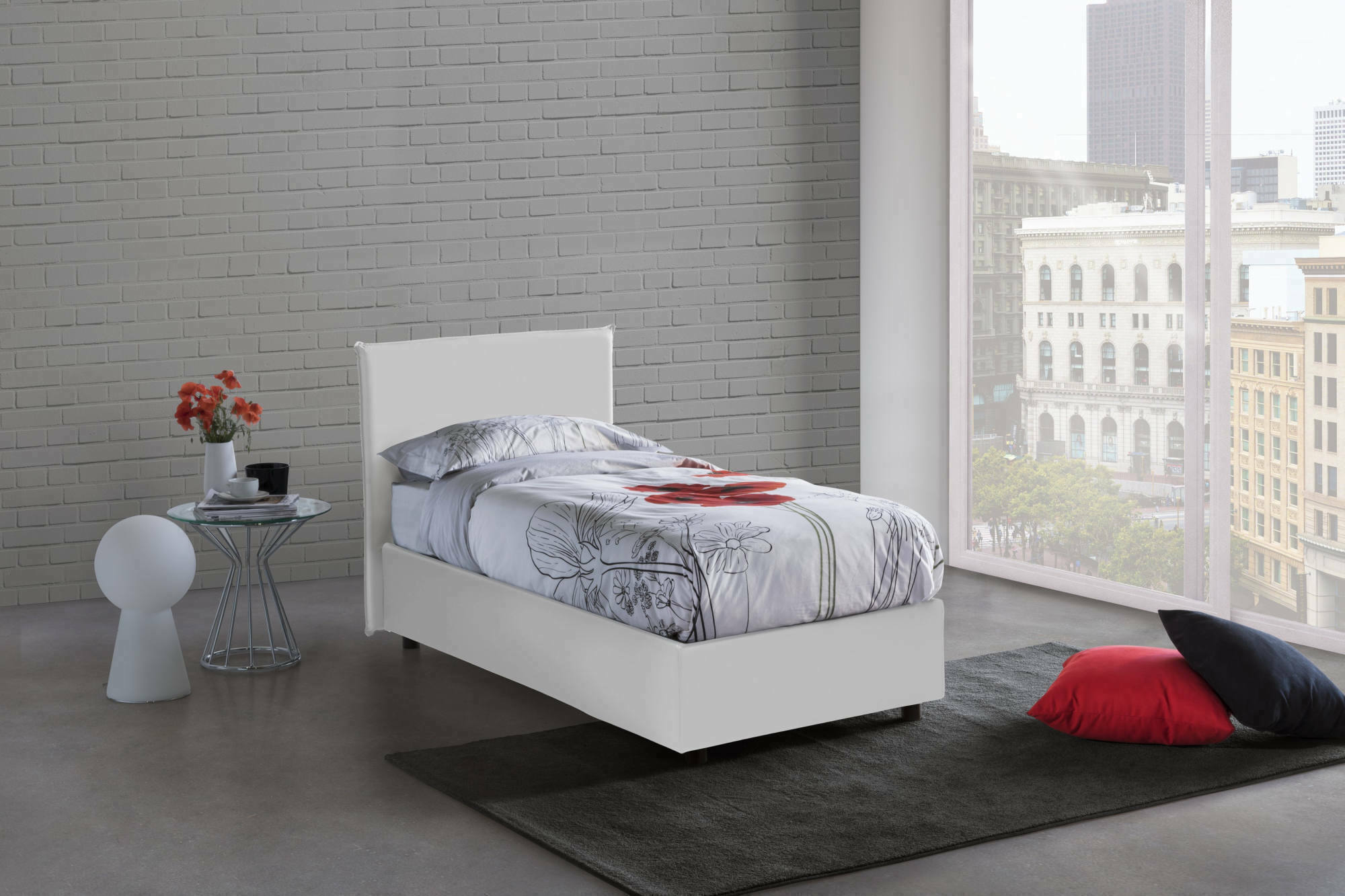 Letto singolo Cassandra, Letto contenitore con rivestimento in ecopelle, Made in Italy, Apertura frontale, con materasso cm 80x200 incluso, Bianco