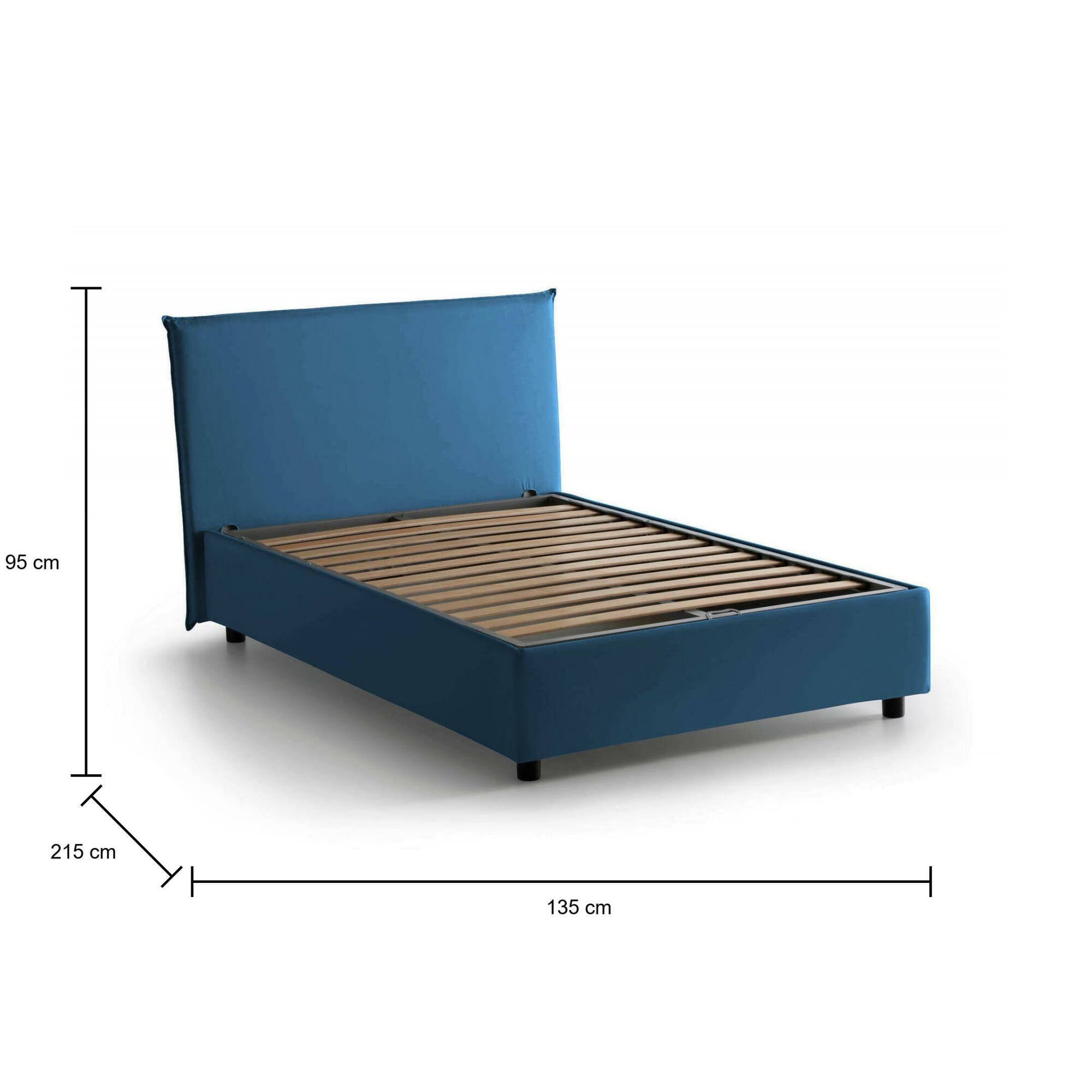 Letto piazza e mezza Chicca, Letto contenitore con rivestimento in tessuto, Made in Italy, Apertura frontale, con materasso cm 120x200 incluso, Blu