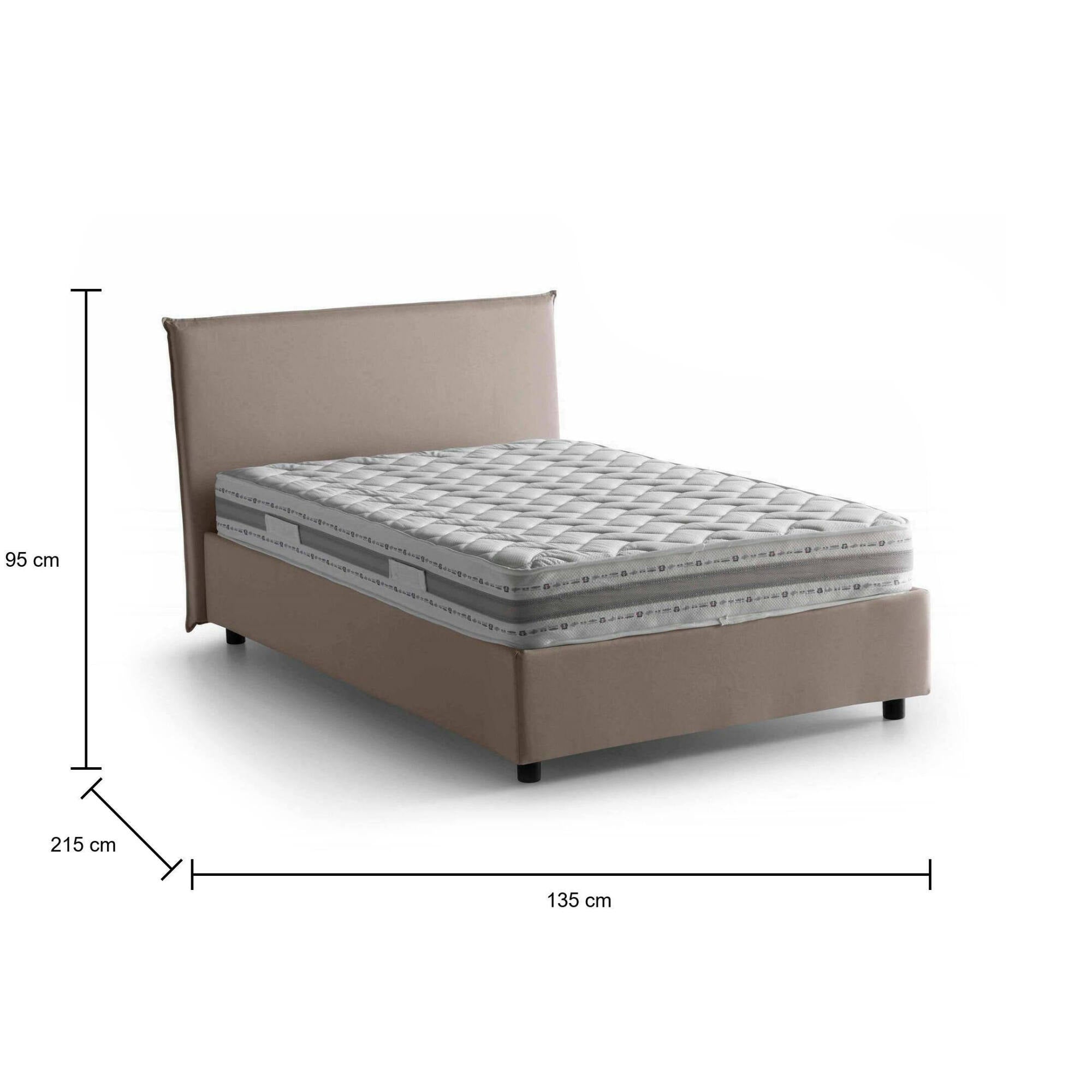 Letto piazza e mezza Chicca, Letto contenitore con rivestimento in tessuto, Made in Italy, Apertura frontale, con materasso cm 120x200 incluso, Tortora