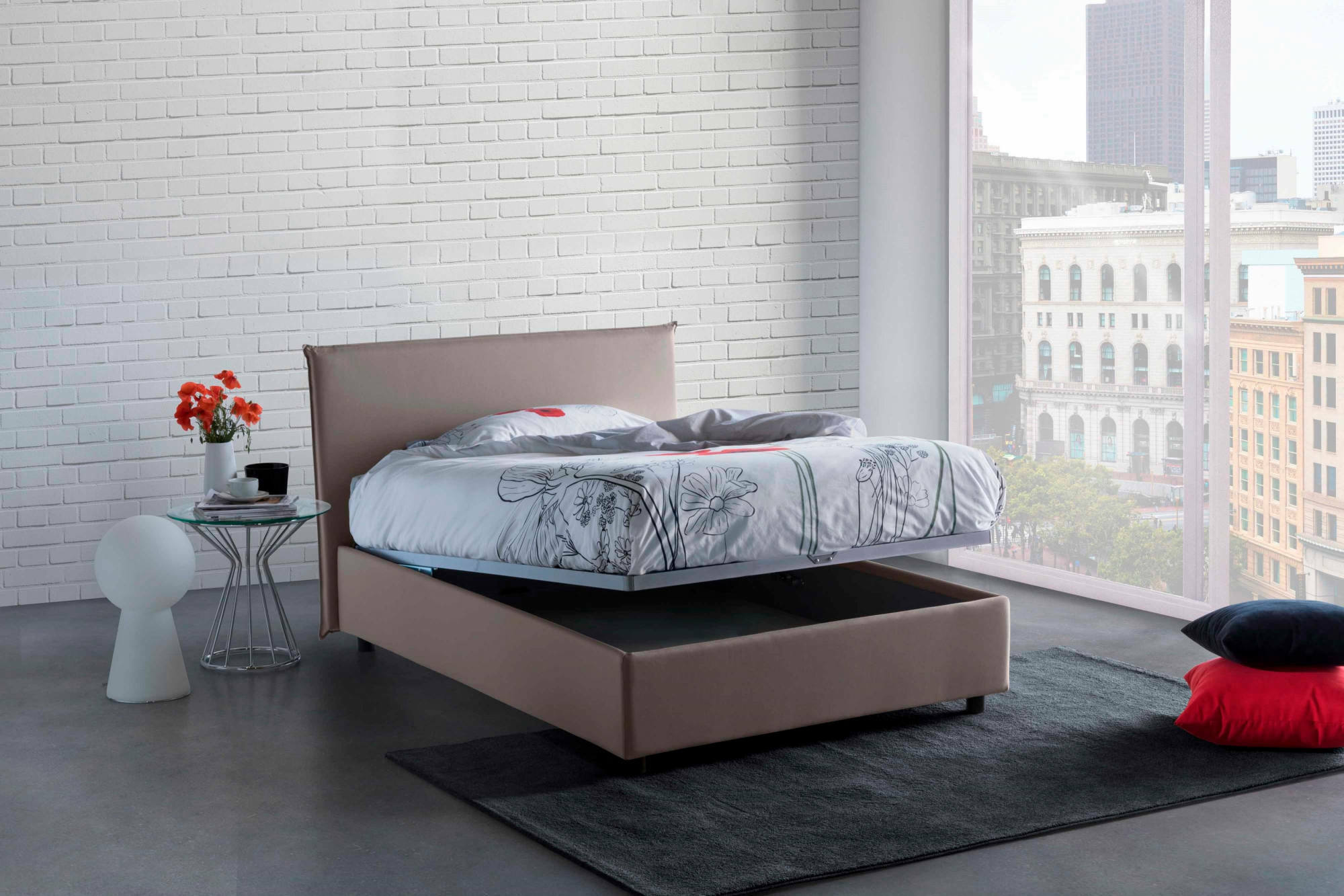 Letto piazza e mezza Chicca, Letto contenitore con rivestimento in tessuto, Made in Italy, Apertura frontale, con materasso cm 120x200 incluso, Tortora