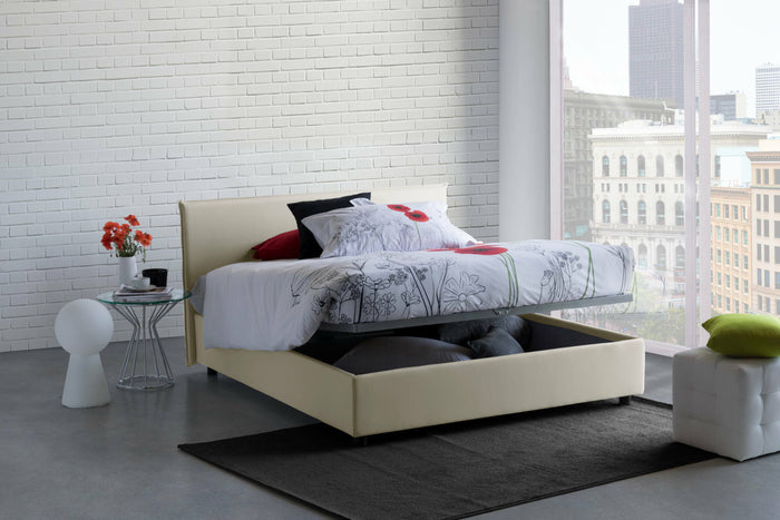 Letto matrimoniale Bernadette, Letto contenitore con rivestimento in tessuto, Made in Italy, Apertura frontale, con materasso cm 140x200 incluso, Beige