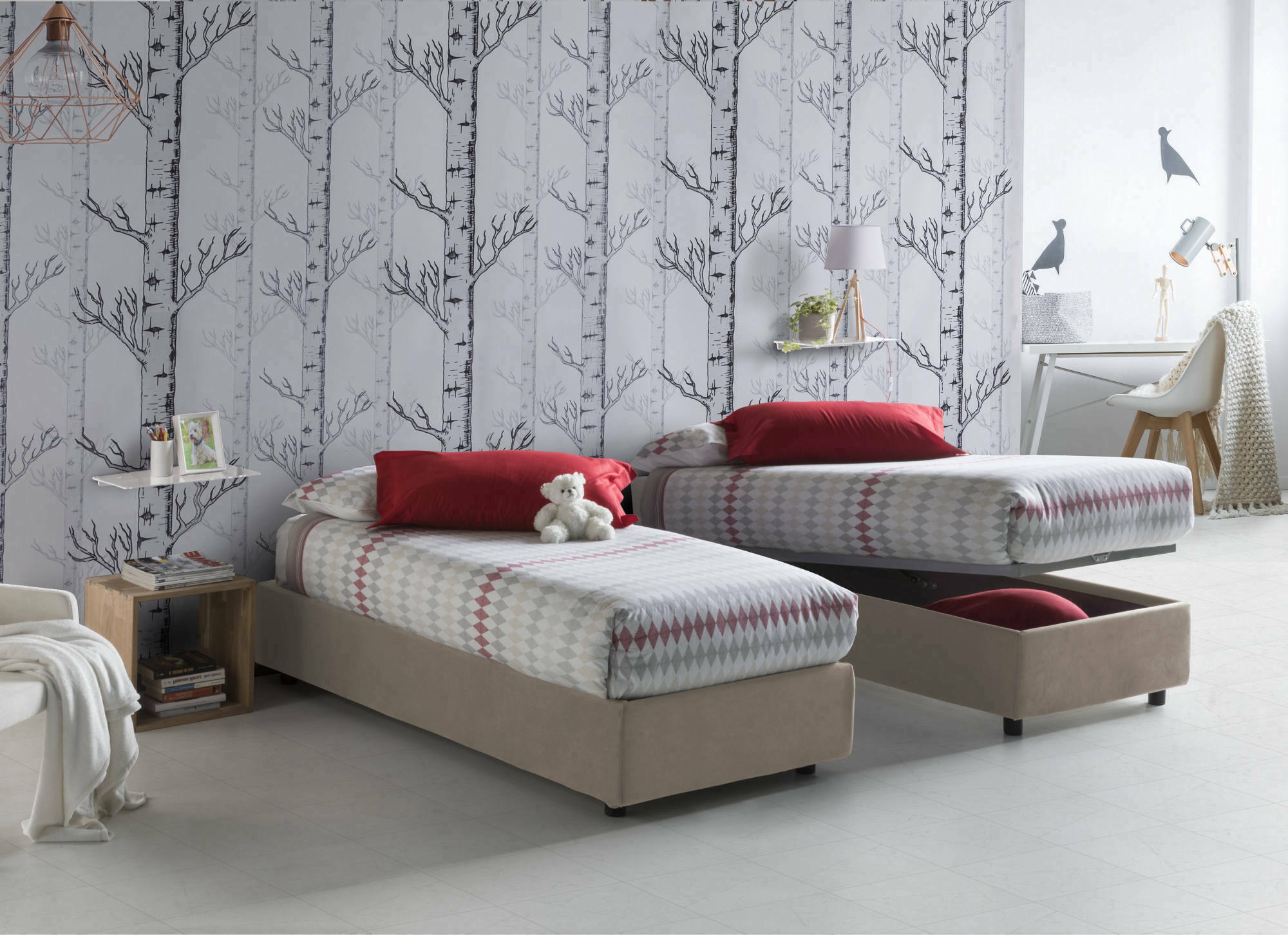 Letto singolo Sophia, Letto contenitore con rivestimento in tessuto, Made in Italy, Apertura frontale, con materasso cm 90x190 incluso, Tortora