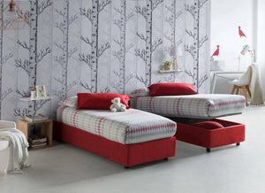 Letto singolo Valentina, Letto contenitore con rivestimento in tessuto, Made in Italy, Apertura frontale, con materasso cm 90x200 incluso, Rosso