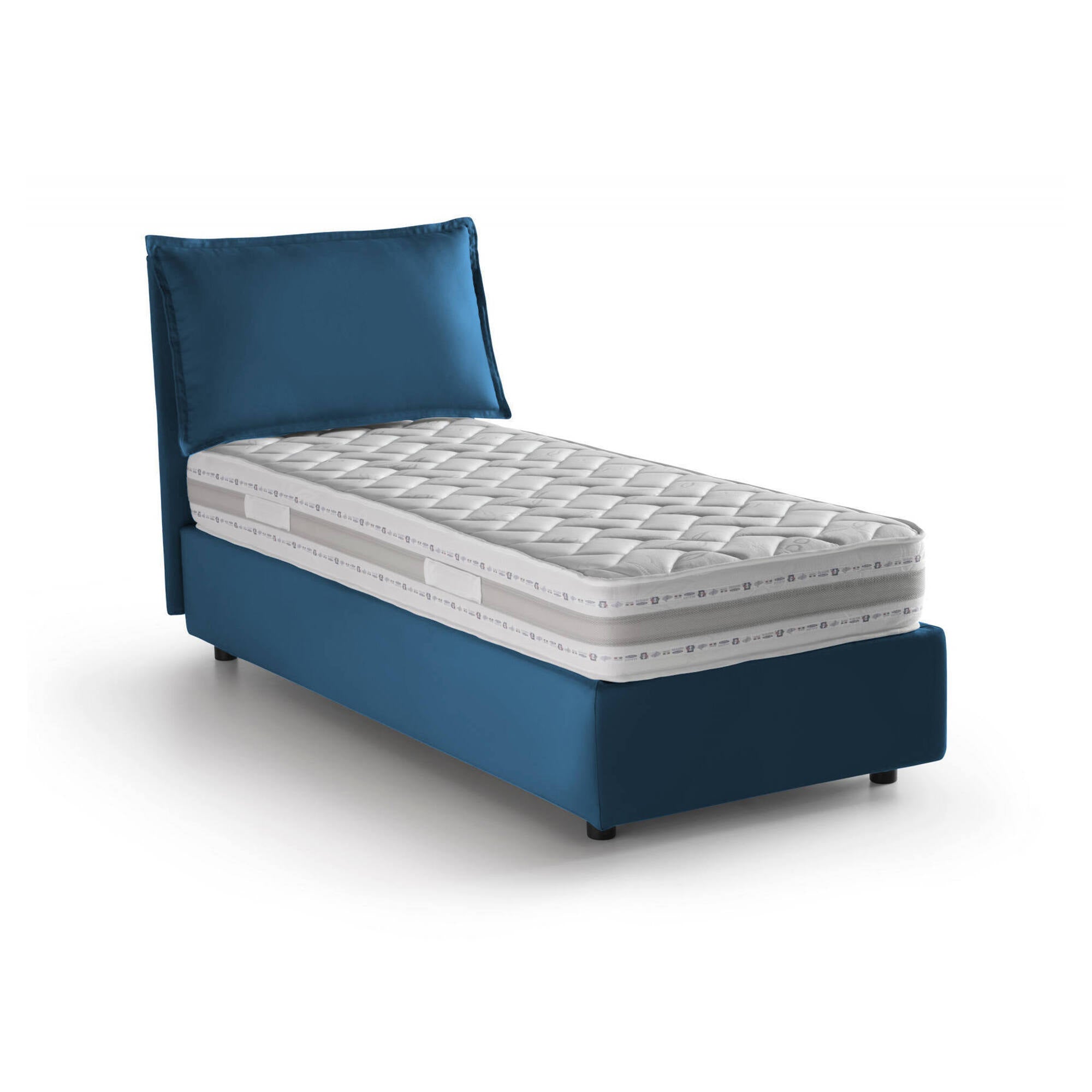 Letto singolo Evelyn, Letto contenitore con rivestimento in tessuto, Made in Italy, Apertura frontale, con materasso cm 90x200 incluso, Blu