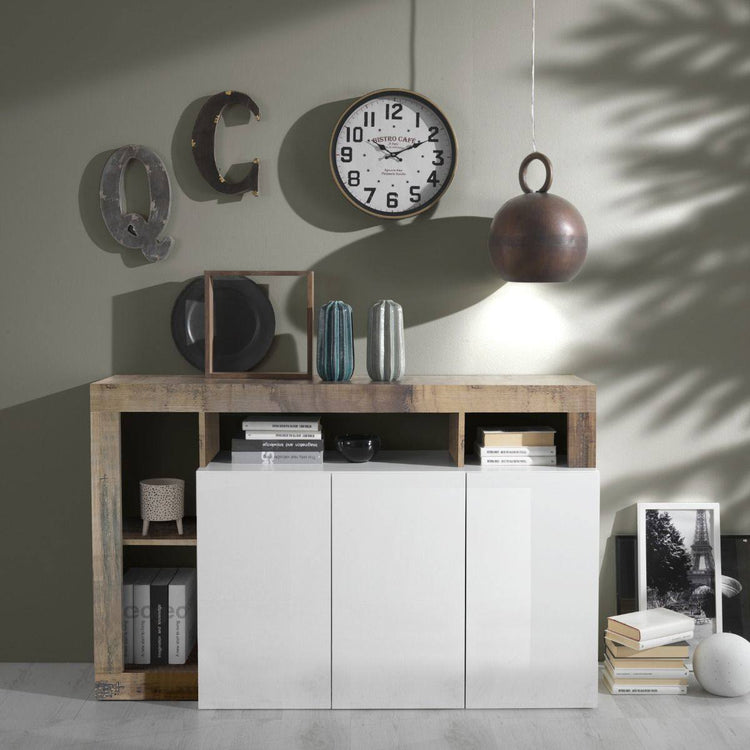 Credenza Bergara, Buffet moderno a 3 ante e vani a vista, Madia moderna, mobile da soggiorno porta TV, Made in Italy, Cm 146x62xh93, Bianco e Pero