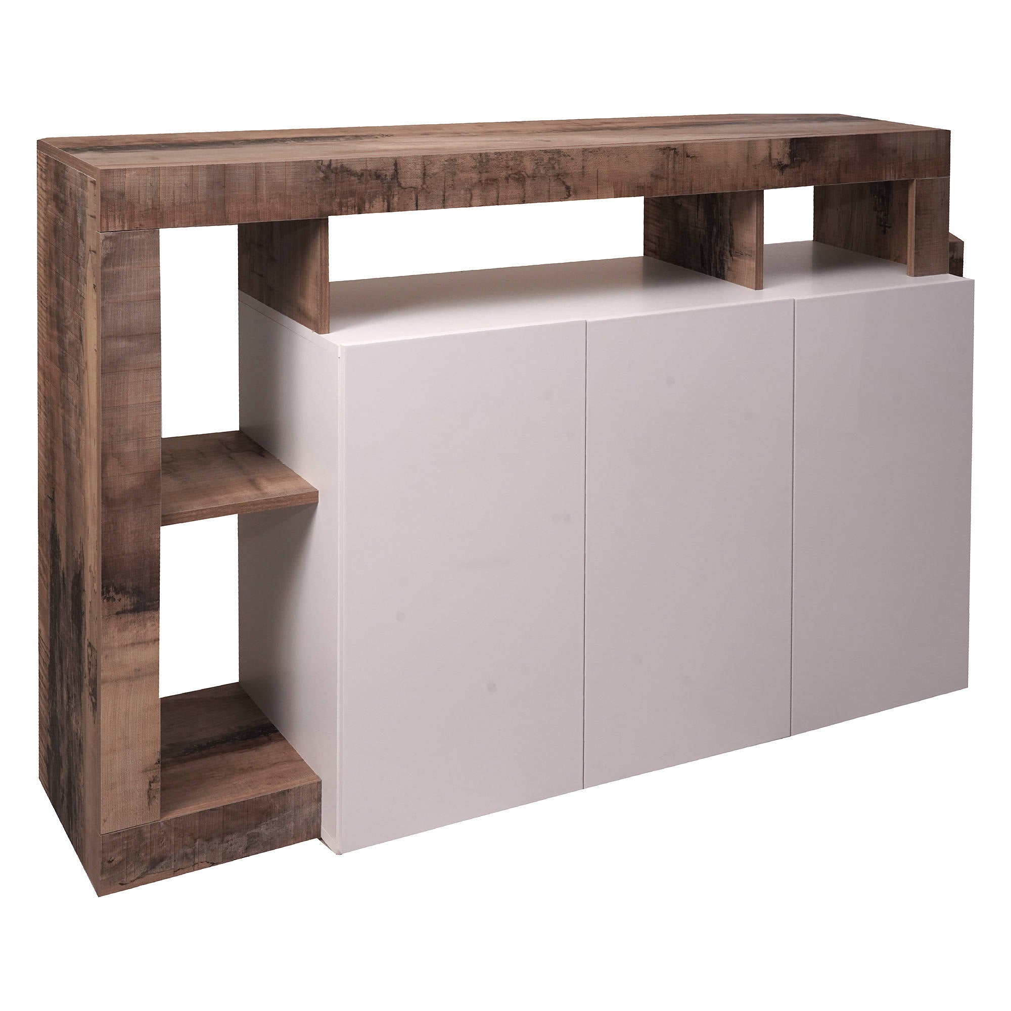 Credenza Bergara, Buffet moderno a 3 ante e vani a vista, Madia moderna, mobile da soggiorno porta TV, Made in Italy, Cm 146x62xh93, Bianco e Pero