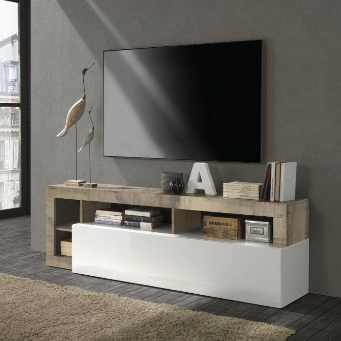 Mobile porta TV Benito, Credenza moderna a ripiani, Mobile da soggiorno con rimbalta e vani a giorno, Made in Italy, Cm 184x58h42, Bianco e Pero