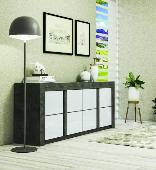 Credenza moderna di design a 4 ante e scaffali, Mobile da soggiorno porta TV, Buffet da cucina, Madia Made in Italy, cm 210x46xh86, colore Bianco e Ossido