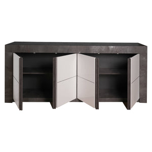 Credenza moderna di design a 4 ante e scaffali, Mobile da soggiorno porta TV, Buffet da cucina, Madia Made in Italy, cm 210x46xh86, colore Bianco e Ossido