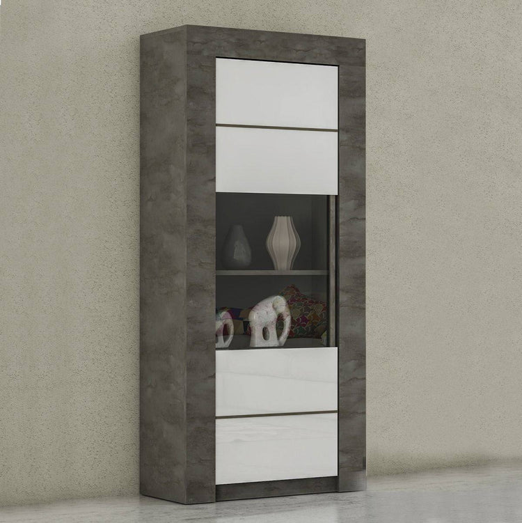 Credenza minimal alta per salotto con 1 anta a vetro, Vetrinetta moderna con ripiani, Madia moderna Made in Italy, cm 71x46xh170, colore Bianco e Ossido