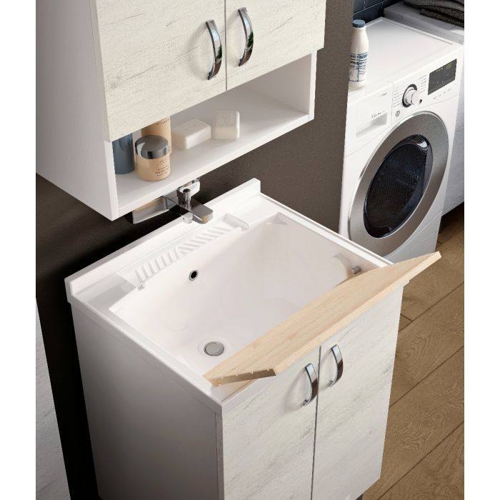 Mobile sottolavabo Banyoles, Lavatoio con lavello, Mobile da bagno a 2 ante battenti ,Bianco e Olmo, Made in Italy, Cm 60x50h85