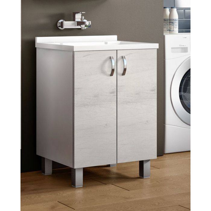 Mobile sottolavabo Banyoles, Lavatoio con lavello, Mobile da bagno a 2 ante battenti ,Bianco e Olmo, Made in Italy, Cm 60x50h85