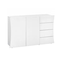 Credenza moderna, Madia di design a 2 ante e 4 cassetti, Made in Italy, Mobile Porta TV, Buffet da soggiorno, cm 124x40h82, colore Bianco lucido