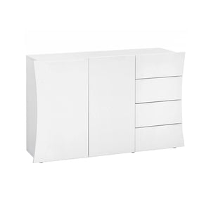 Credenza moderna, Madia di design a 2 ante e 4 cassetti, Made in Italy, Mobile Porta TV, Buffet da soggiorno, cm 124x40h82, colore Bianco lucido