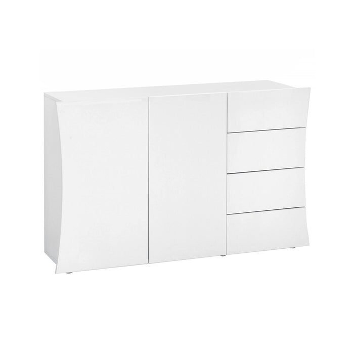 Credenza moderna, Madia di design a 2 ante e 4 cassetti, Made in Italy, Mobile Porta TV, Buffet da soggiorno, cm 124x40h82, colore Bianco lucido